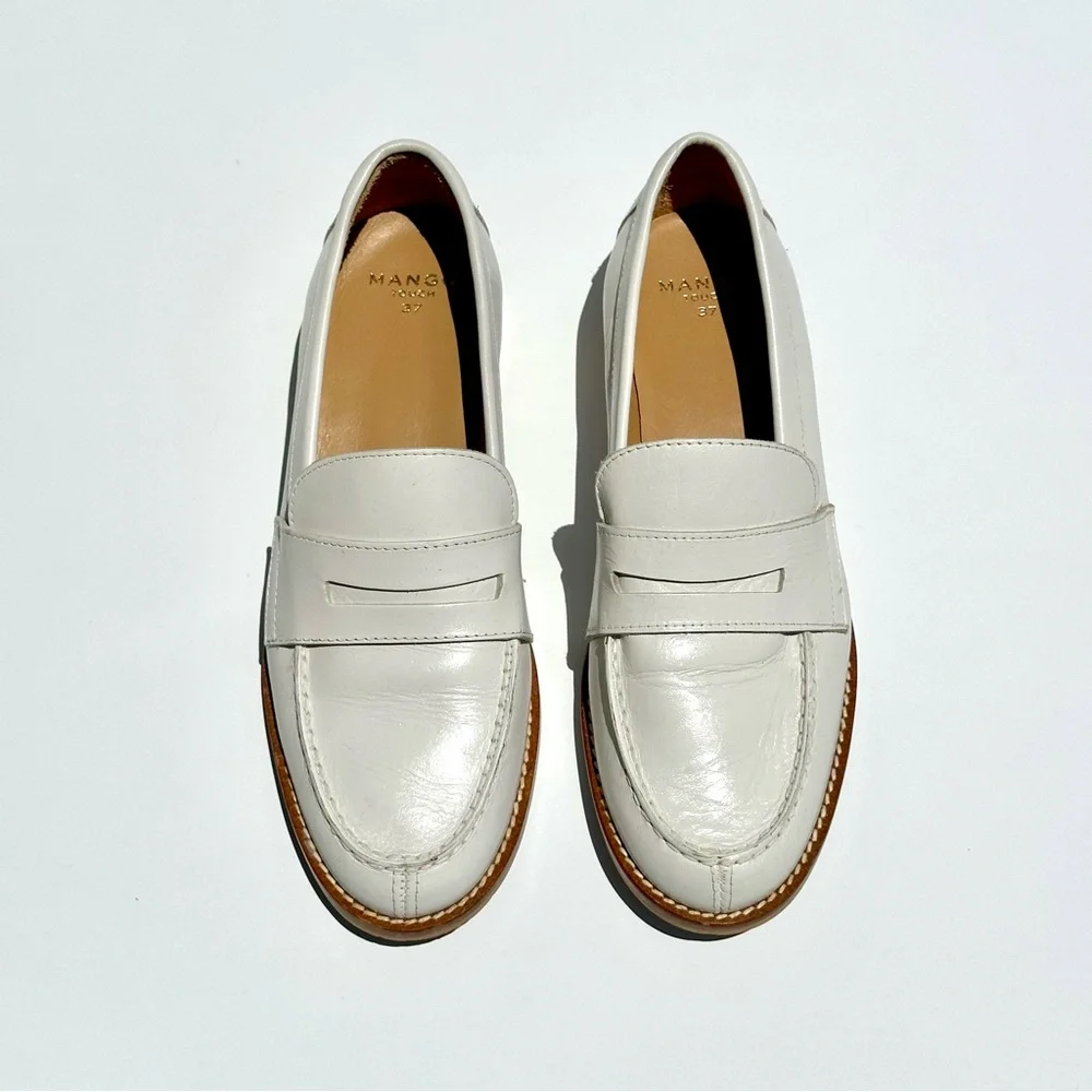 Mango White Leather Penny Loafers